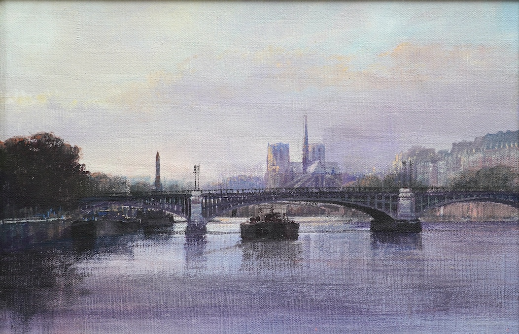 Attributed to Clive Madgwick RBA (1934 - 2005), oil on canvas, 'Notre Dame from Pont de Sully', 19 x 29cm. Condition - good